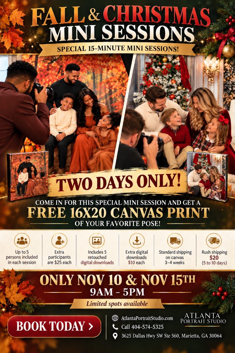 Fall and Christmas Mini Sessions flyer: two days only, November 10 and 15, 9AM to 5PM, free 16x20 canvas print